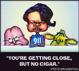 Cartoon: Condoleezza Rice saying: "You're Getting Close, But No Sigar."