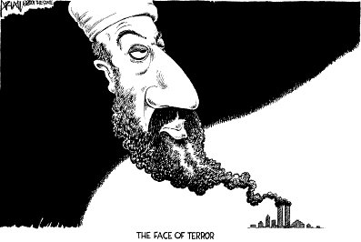 Cartoon: gezicht Osama bin Laden wordt gevormd uit de rook van brandende Twin Towers